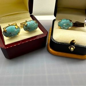 Vintage Blue and Gold Tone Cufflinks and Tie Bar